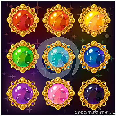 Cartoon colorful circle gemstones. Vector Illustration