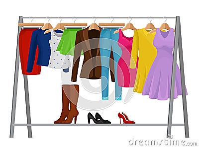 Cartoon colorful clothes on hangers. Fashion concept. Vector Illustration