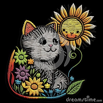 Cartoon colorful embroidered smiling cute kitten pattern. Textured embroidery vector background illustration with pretty sweet Vector Illustration