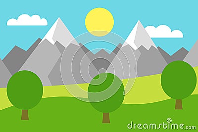 Cartoon colorful illustration of a mountain landscape with a field and trees under a blue sky with clouds Vector Illustration