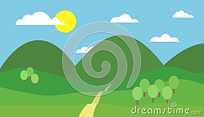 Cartoon colorful illustration of mountain landscape with hill, path and trees under blue sky with clouds and sun Vector Illustration