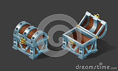 Cartoon colorful isometric open and closed chest. Vector Illustration