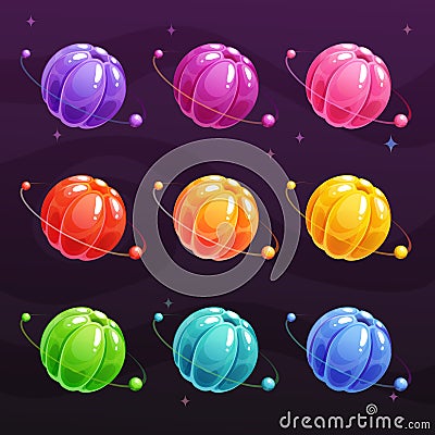 Cartoon colorful jelly planets on space background. Glossy sweet round items for game design. Vector Illustration