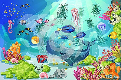 Cartoon Colorful Marine Underwater Life Background Vector Illustration