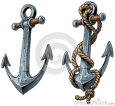 Cartoon colorful metal ship anchor with rope Vector Illustration