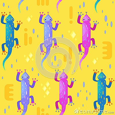 Cartoon colorful pattern with cute lizards Vector Illustration