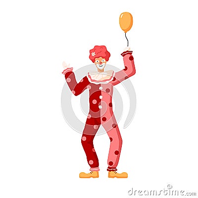 Cartoon colorful person wearing clown costume vector flat illustration. Funny circus character in bright apparel with Vector Illustration