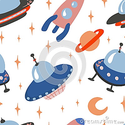 Cartoon colorful set seamless pattern with UFO rocket spaceship moon and stars on white background. Wallpaper, print, packaging, Vector Illustration