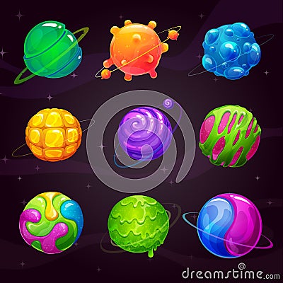 Cartoon colorful slime planets set. Fantasy alien slimy planet on the space background. Vector Illustration