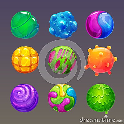 Cartoon colorful slimy balls. Funny slime bubbles for game design. Vector Illustration