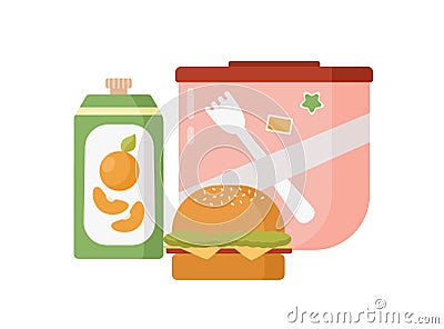 Cartoon colorful storage box with school lunch vector flat illustration. Colored tasty food hamburger, beverage and Vector Illustration