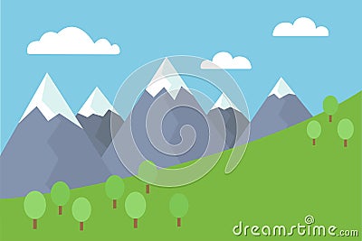 Cartoon colorful vector flat illustration of mountain landscape with snow covered peaks with trees and meadow under blue sky Vector Illustration