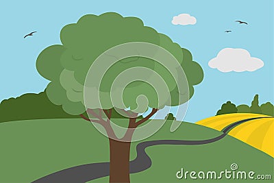 Cartoon colorful view of meadows and field around the road with bushes and tree with leaves under a clear sky with clouds and flyi Vector Illustration