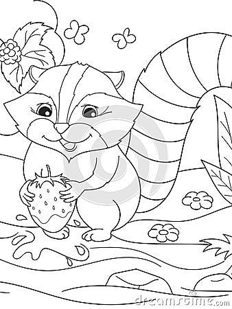 Cartoon coloring book black and white Nature. American, northern raccoon and coon washes strawberries Vector Illustration