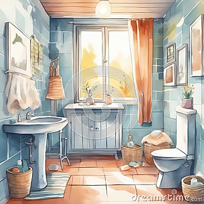 Cartoon Comfort in a Watercolor Bathroom Stock Photo