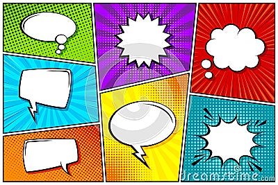 Cartoon comic backgrounds set. Speech bubble. Comics book colorful poster with halftone elements. Retro Pop Art style Vector Illustration