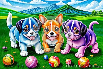 Cartoon comic book smile baby puppy golf ball play pop art color Cartoon Illustration