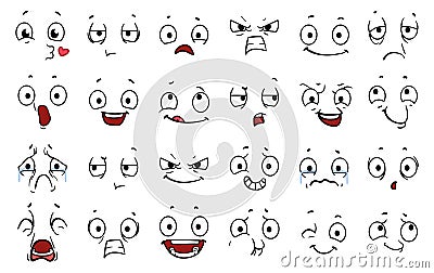 Cartoon comic faces. Expressions eye, emoji wink crazy boring and angry. Funny cute emotions character, laughter smile Vector Illustration