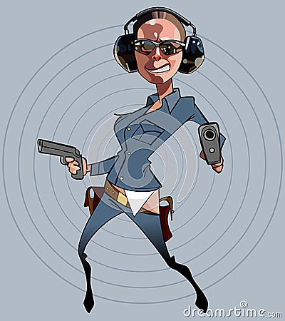 Cartoon comic female police officer with guns Vector Illustration