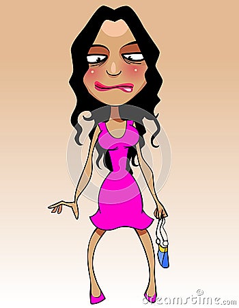 Cartoon comic puzzled brunette woman in a pink dress Vector Illustration