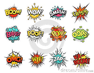 Cartoon comic sign burst clouds. Speech bubble, boom sign expression and pop art text frames vector set Vector Illustration