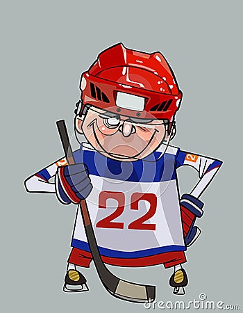 Cartoon comic smiling hockey player with a stick stands with arms akimbo Vector Illustration