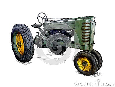 Cartoon or Comic Style Illustration of Old Green Tractor Cartoon Illustration