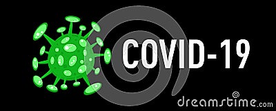 Cartoon concept coronavirus logo green COVID-19 nCov 2019 virus vector illustration on black background Stock Photo
