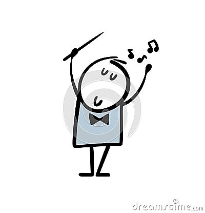 Cartoon conductor of the orchestra at a concert of classical music inspired conducts to an ancient melody. Vector Illustration