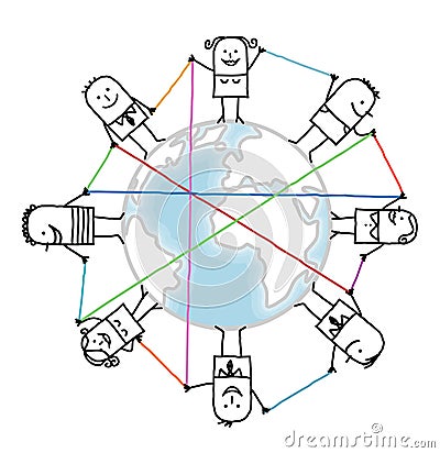 Cartoon connected people on Earth Vector Illustration