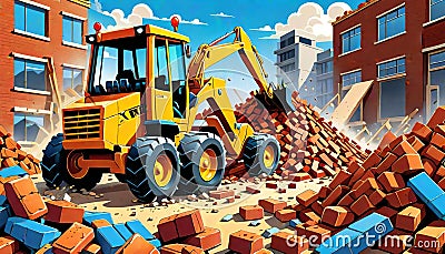 cartoon construction toy truck demolition backhoe masonry debris Cartoon Illustration