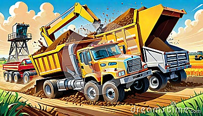 cartoon construction truck agriculture dirt loading hauling field preparation Cartoon Illustration