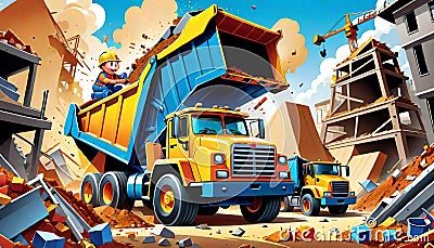 cartoon construction truck demolition crew urban city Cartoon Illustration