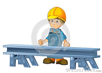 Cartoon construction worker in some additional safety cover standing in front of steel beam Cartoon Illustration