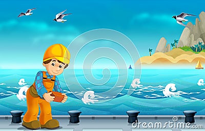 Cartoon construction worker working in the ship dock Cartoon Illustration