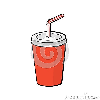 Cartoon with contour of disposable paper cup with soda and straw Vector Illustration