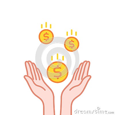 Cartoon contour hands and falling coins Vector Illustration