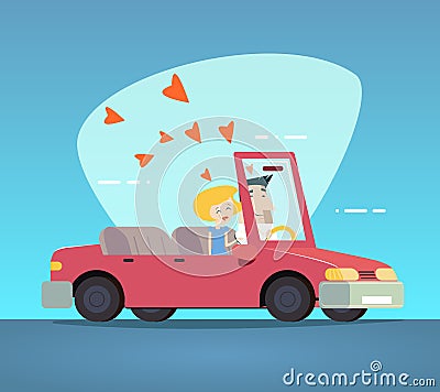 Cartoon Convertible Car Happy Male and Female Vector Illustration