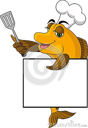 Cartoon cook fish with blank sign Cartoon Illustration