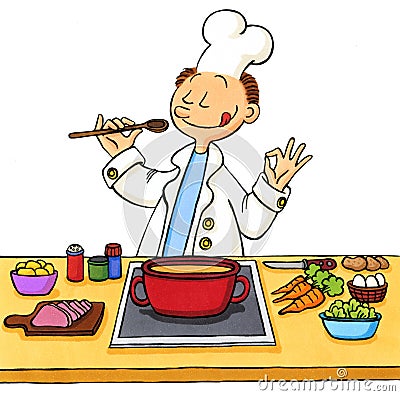 Cartoon of a cook in the kitchen Cartoon Illustration