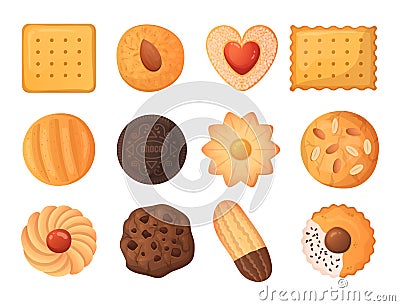 Cartoon cookies. Tasty food. Delicious biscuit and cracker. Baked dough products. Gingerbread and chocolate cake Vector Illustration