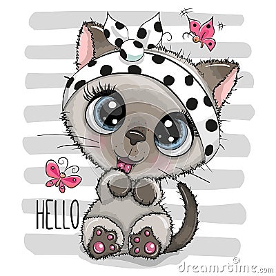 Cartoon Kitten with a butterflies on striped background Vector Illustration