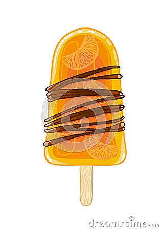 Cartoon cool popsicle. Sweet ice cream with slices of citrus and chocolate isolated on the white background. Vector Illustration