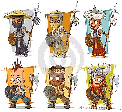 Cartoon cool warriors with shield and spear character vector set Vector Illustration