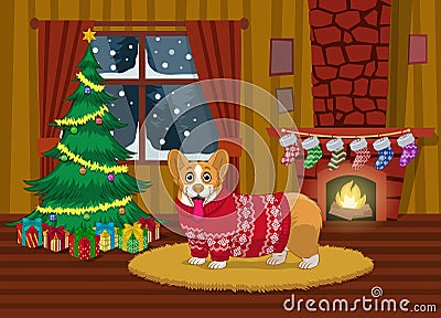 Cartoon Corgi dog enjoying the Christmas in the livingroom Vector Illustration