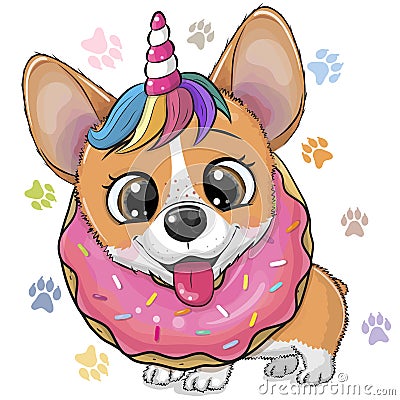 Cartoon Corgi with horn of Unicorn and donut Vector Illustration