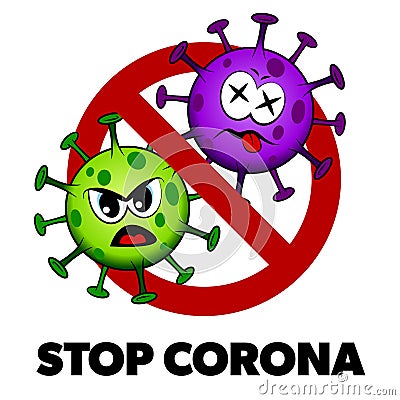 Stop Corona cartoon style sign, angry and dead Covid-19 Vector Illustration