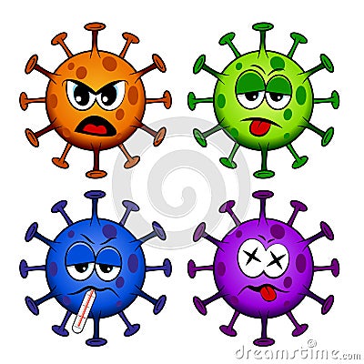 Cartoon style Corona / Covid-19 virus with different expressions Vector Illustration