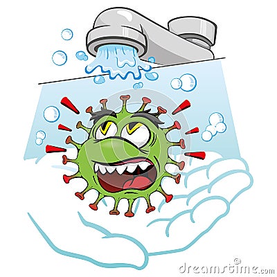 Cartoon corona virus, showing the importance of washing hands as prevention Vector Illustration