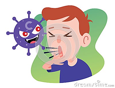 Cartoon coronavirus is attacking the male who cough seriously. Young man infected virus Vector Illustration